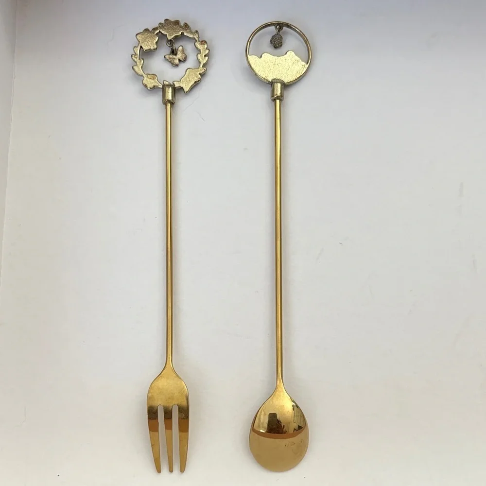 Gold Enamel Fork and Spoon Set With Cute Dangling Charms Hand Crafted